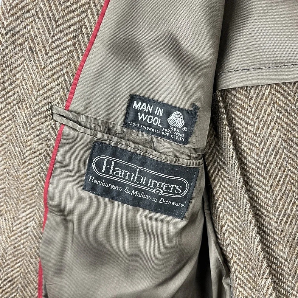 Hamburgers Mullins Mens Vintage Blazer Sport Coat Jacket Brown Herringbone Wool